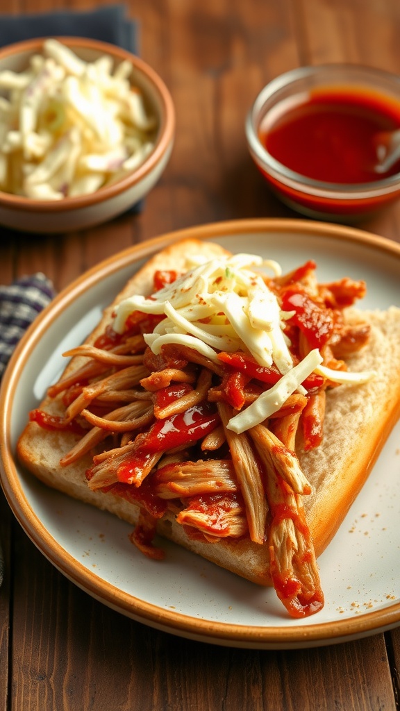 Shredded barbecue chicken on a bun with coleslaw, served on a rustic table.